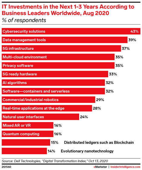 IT Investments in the Next 1-3 Years According to Business Leaders Worldwide, Aug 2020 (% of respondents)